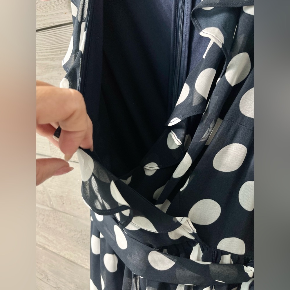 SALONI Flowy Sleeveless Navy Ruffle Wrap Dress with White Polkadots Sz 4 Summer - Picture 6 of 15